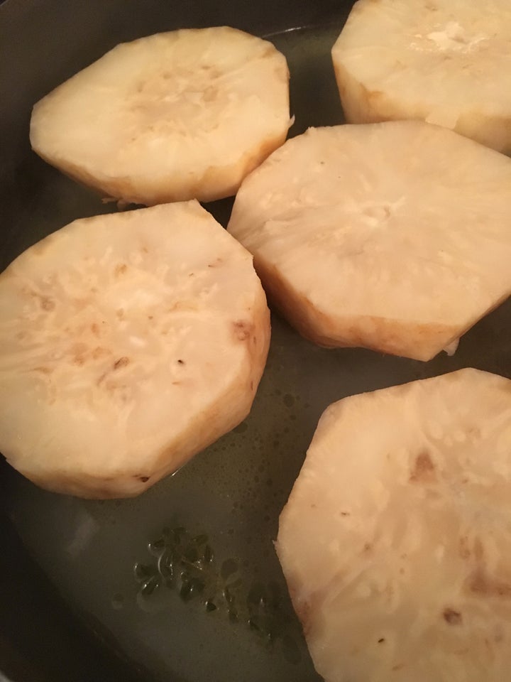 <p>Cook slabs of celery root in a covered pan with butter and a little water</p>