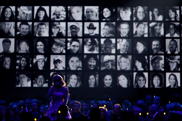 Carrie Underwood performs a tribute to those in the country music community who died in 2017. Her tribute included the 58 victims killed in the Las Vegas shooting.