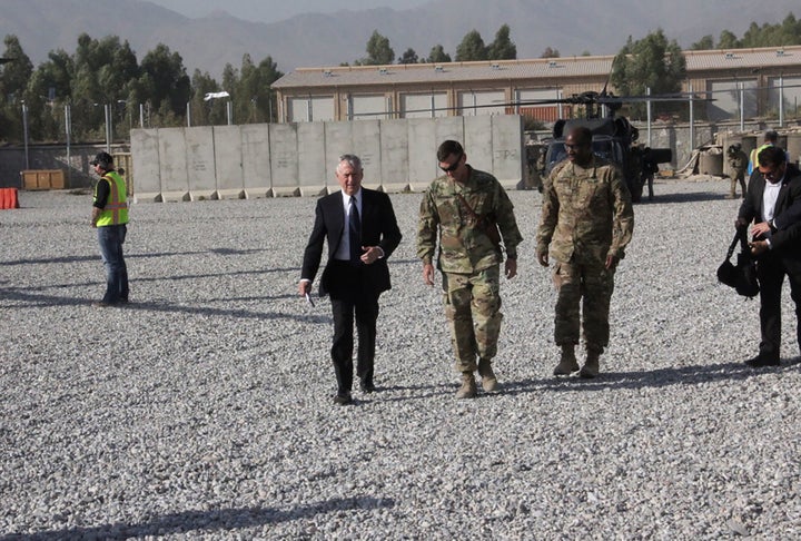 U.S. Defense Secretary Jim Mattis arrives at Forward Operating Base Gamberi east of Kabul, Afghanistan on September 27, 2017.