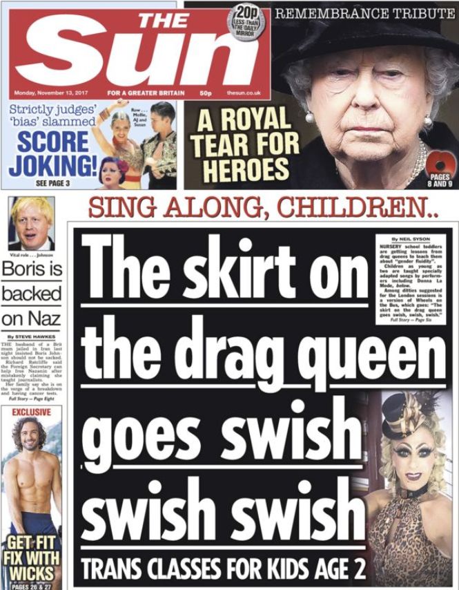The Sun told readers that kids as young as two are being given 'trans classes' by drag queens