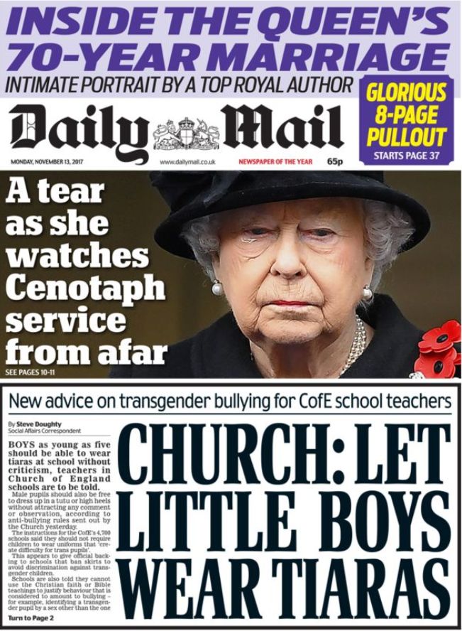 The Daily Mail focused on the Church of England's attempts to stop transphobic bullying in schools 
