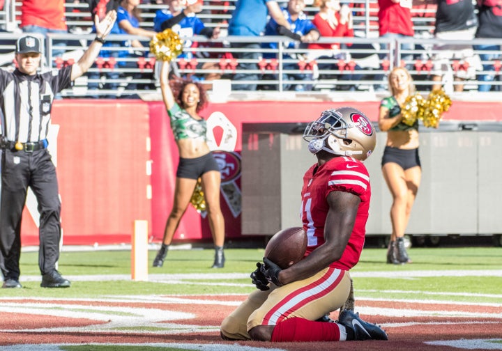 Marquis Goodwin went to his knees after his 83-yard touchdown reception.