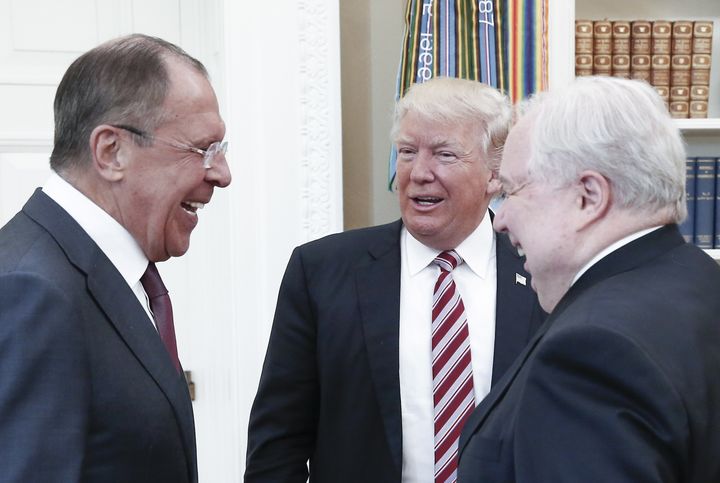 Russia's Foreign Minister Sergei Lavrov and Russian Ambassador Sergei Kislyak meet with President Trump in the Oval Office. May 10, 2017.