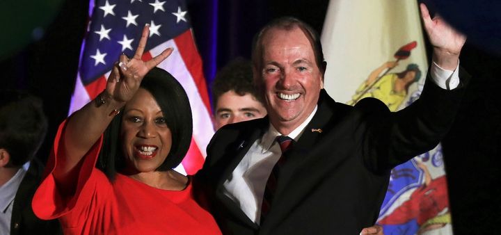 <p>Phil Murphy and Sheila Oliver Election Night 2017</p>