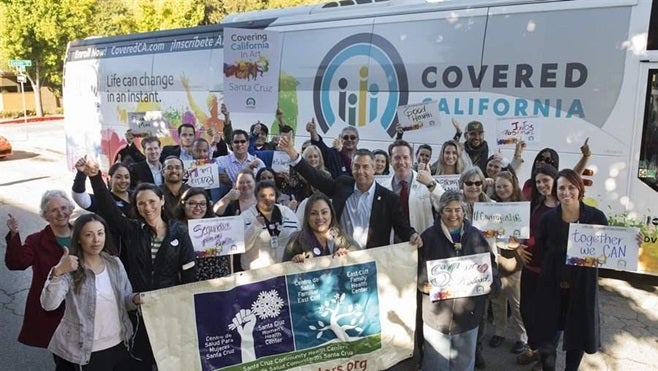 Covered California visits the Santa Cruz Community Health Centers on its 22-stop statewide bus tour to urge people to sign up for health insurance through the Affordable Care Act. Cutbacks in federal funds have made it difficult for some states to get the word out.