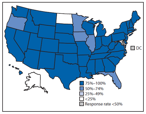 A graphic depicting the percentage of public schools with early school start times (before 8:30 a.m.), by state, for the school year 2011-2012. (US Department of Education)