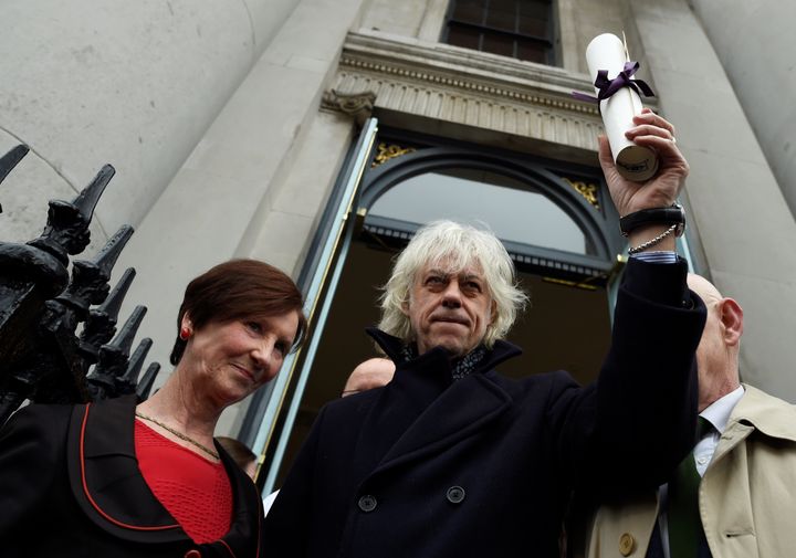 Bob Geldof arrives to return his 'Freedom of the City of Dublin' after saying he could not continue to hold the honour with Myanmar leader Aung San Suu Kyi.