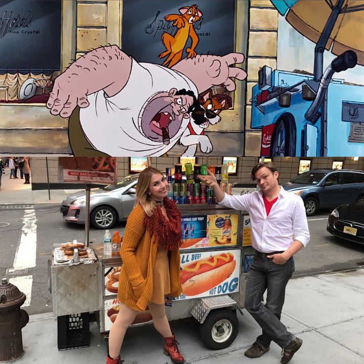 Sara Katz-Scher (@ThatPrincessGirl) as Oliver and her friend Neil A. Williams (@lostboycosplay) as Dodger from "Oliver and Company" during a trip to New York City. 
