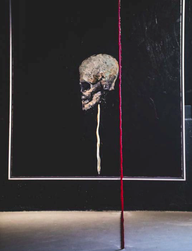 <p><strong><em>Alive and Expressing Loner,</em></strong> Oil on Canvas, Rope, Mixed Media</p>