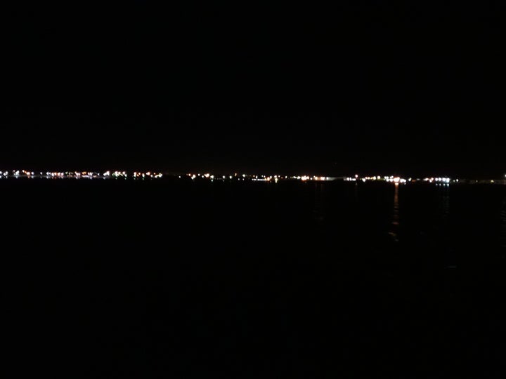 View from the ferry as the lights of Aktau, Kazakhstan fade into the distance.