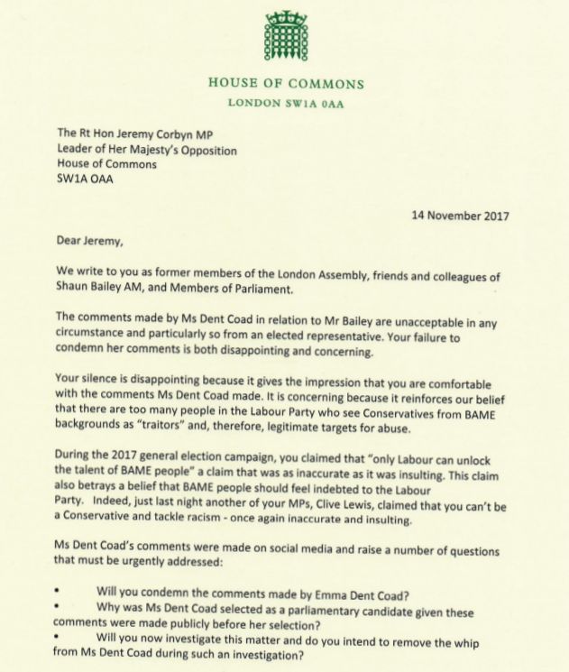 The text of the letter sent to Jeremy Corbyn by Tory MPs James Cleverly and Kemi Badenoch.