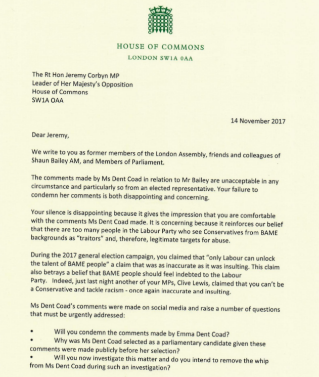 The text of the letter sent to Jeremy Corbyn by Tory MPs James Cleverly and Kemi Badenoch.