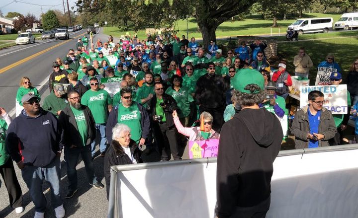 <p>AFSCME Secretary-Treasurer Elissa McBride speaks at a rally on the picket line with the nurses, staff and residents of Cedar Haven nursing home.</p>