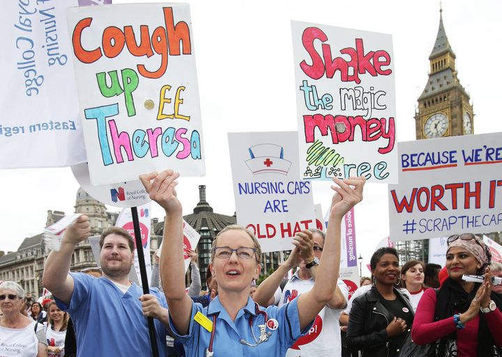 Nurses demonstrate against the pay cap in Parliament Square in September