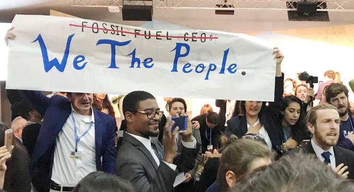 Protesters interrupt a U.S. government pro-coal event during the United Nations Climate Change Conference in Bonn, Germany.