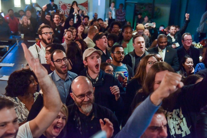 Supporters gather to celebrate a win by Danica Roem in her run for a seat in the Virginia House of Delegates. November 7, 2017.