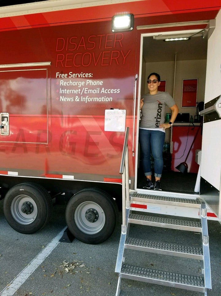 Helping the community: Verizon has WECCs -- Wireless Emergency Command Centers -- that they set up for residents to make calls, surf the Internet and charge wireless devices in locations where severe weather has caused widespread commercial power outages. This 50-foot long tractor trailer is one of several that were set up in Florida (including this one in Naples).