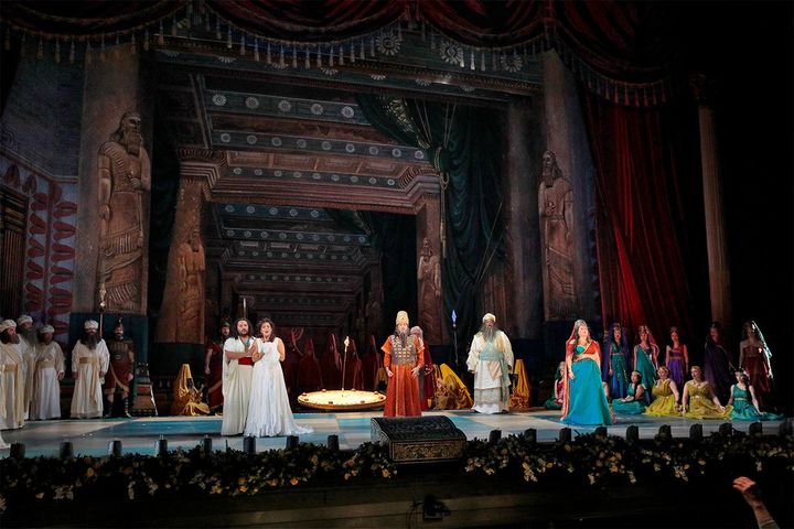 <p>Left to right: Mario Chang (Ismaele), Nancy Fabiola Herrera (Fenena), Plácido Domingo (Nabucco), Morris Robinson (Zaccaria) and Liudmyla Monastyrska (Abigaille) in LA Opera's 2017 production of "Nabucco." </p>