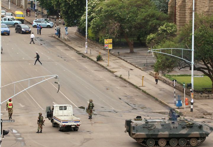 Soldiers stand on the streets in Harare, Zimbabwe, November 15