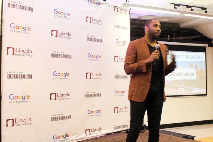 Emmanuel Matthews, Innovation Coach at Google, addresses the audience at American Underground for the program’s closing pitch competition.