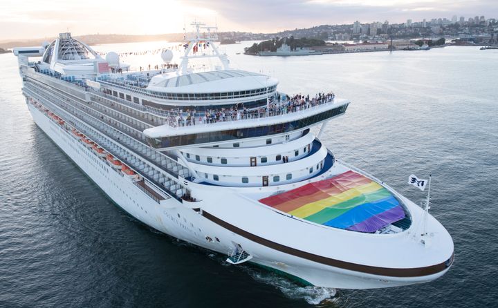 The Golden Princess arrives in Sydney Harbour flying the rainbow flag in support of marriage equality.