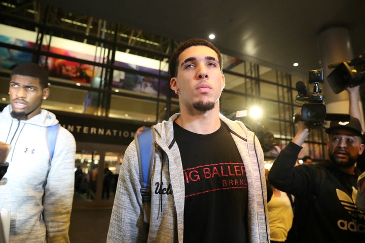 UCLA basketball player LiAngelo Ball is seen arriving in Los Angeles on Tuesday after being detained in China on suspicion of shoplifting. 