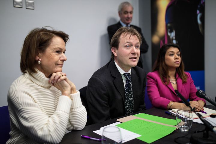 Ratcliffe at Wednesday's press conference, flanked by Monique Villa, chief executive of his wife's employer The Thomson Reuter Foundation (right) and his MP Tulip Siddiq (right)