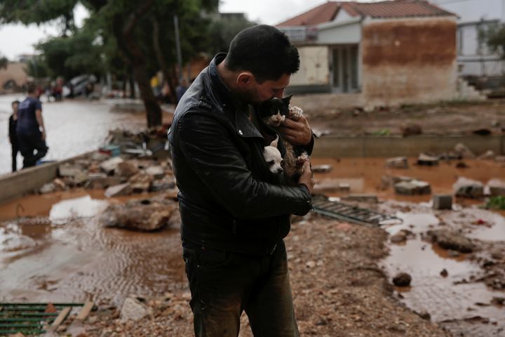 A local, carrying a dog in his jacket, holds a cat he saved from a tree, following a heavy rainfall in the town of Mandra.