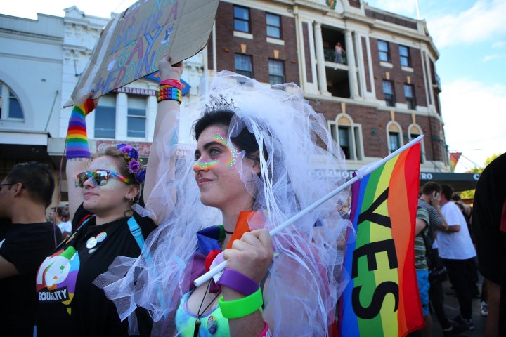 Supporters of legalizing same-sex marriage listen to speeches at Taylor Square in the heart of Sydney's gay precinct.