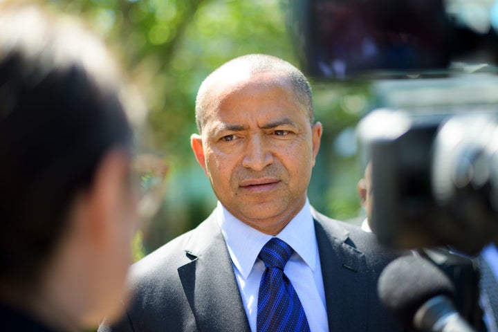 DR Congo’s prominent opposition politician Moise Katumbi (C) speaks to the press