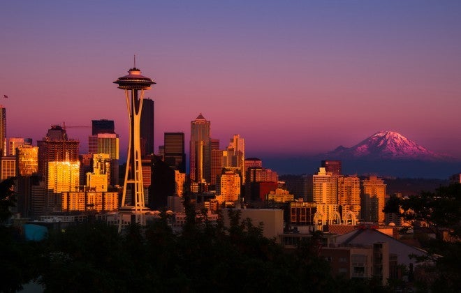 Seattle skyline at sunset.