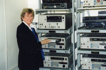 <em>Betty Corwin with the video tape recorders in Lincoln Center in 1998. </em>