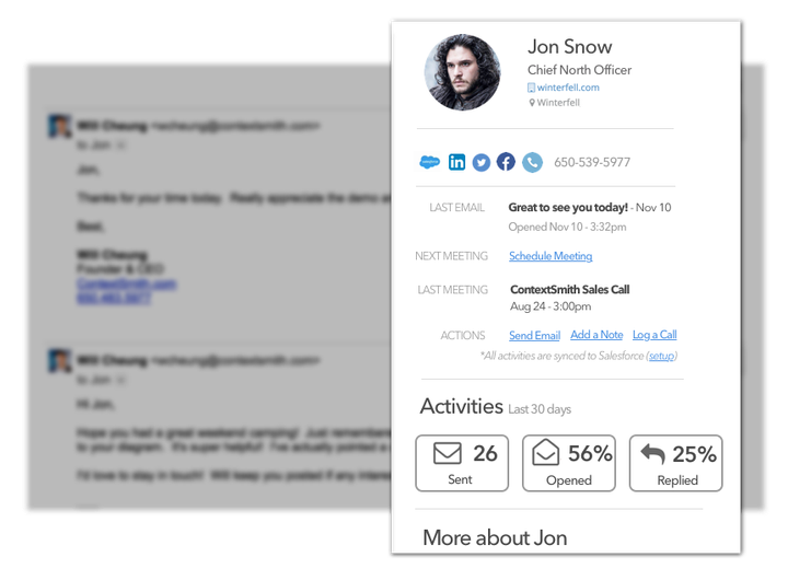 ContextSmith Email Tracker also provides links to your contact’s social profile and more.