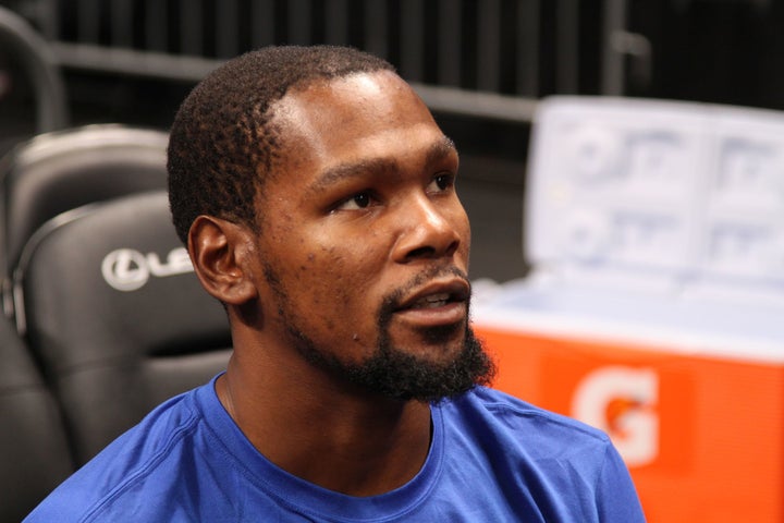 Reigning NBA Finals MVP and Golden State Warriors forward Kevin Durant addresses reporters following the team’s morning shoot around.