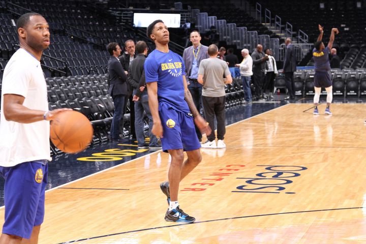 <p>Golden State Warriors second year forward Patrick McCaw waits to see if his three point attempt goes in during pregame warmups.</p>