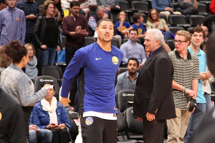 <p>Golden State Warriors shooting guard Klay Thompson during pregame warmups.</p>