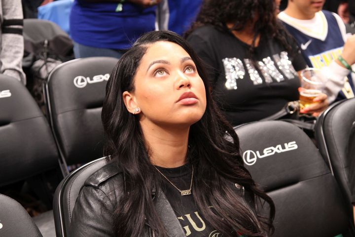 <p>Stephen Curry’s wife, Ayesha Curry, sitting courtside prior to the start of the game.</p>