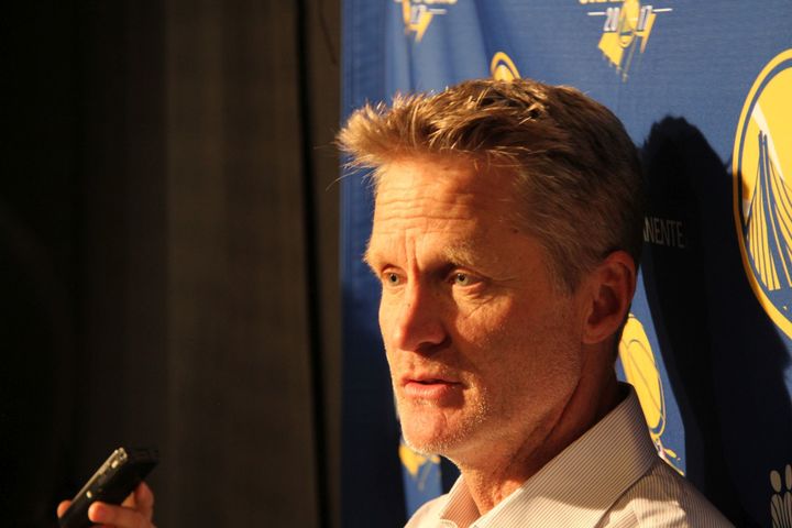 <p>Steve Kerr addressed reporters outside the Warriors locker room following the team’s 127-108 victory.</p>