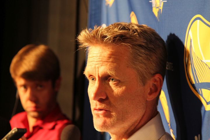 Steve Kerr addressed reporters outside the Warriors’ locker room following the team’s 127-108 victory. 