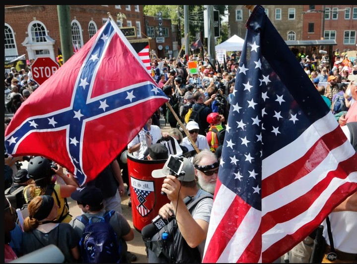 Alt-Right marches in Charlottesville carried Confederate and U.S. flags and Nazi paraphernalia. 