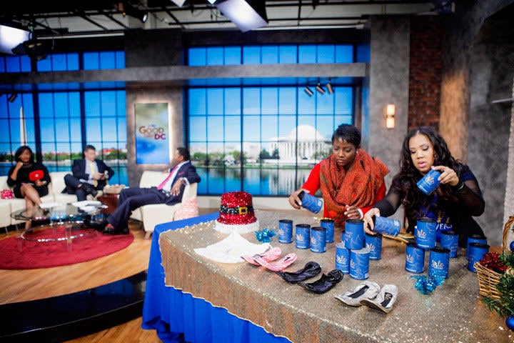 <p>Imani Pope-Johns with Melodie Narain, founder of Sole Savers at the local Fox program, “Good Day DC”</p>