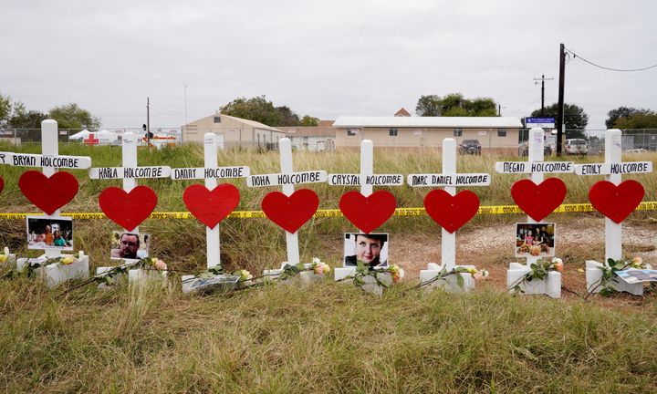 A line of crosses seen on Nov. 9 in remembrance of the eight members of the Holcombe family killed in the shooting at the First Baptist Church in Sutherland Springs, Texas.