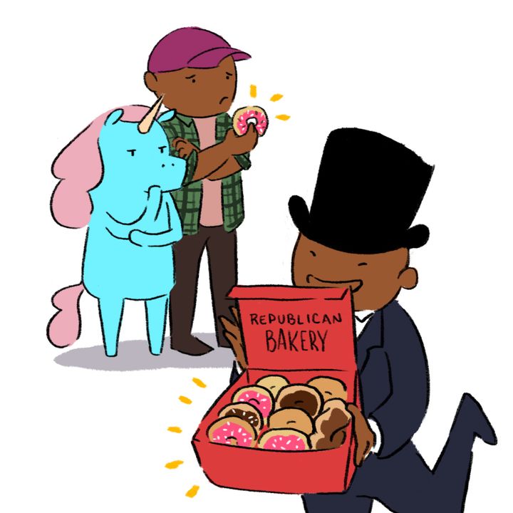 Sabrina the Unicorn from the People’s Tax Page along with her friend Not-Rich Kid look on as Rich Kid enjoys a whole box of tax cut donuts
