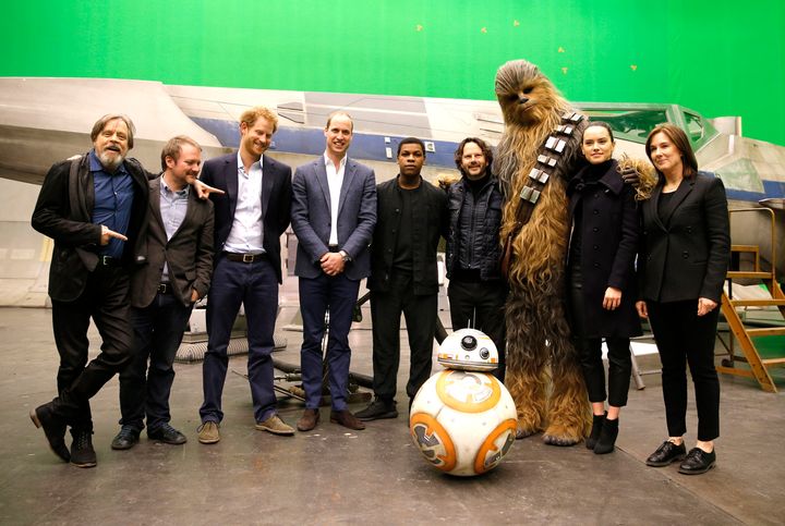 Harry and William with Mark Hamill, Rian Johnson, John Boyega, producer Ram Bergman, Chewbacca Daisy Ridley and producer Kathleen Kennedy