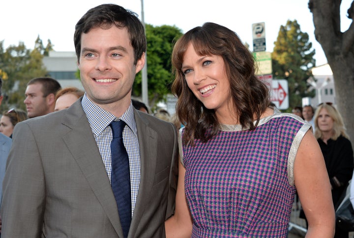 Bill Hader and Maggie Carey attend a premiere in 2013. 