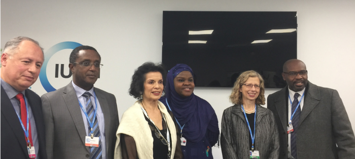 <p>Hon. Ricardo Hernández Sanchez, Undersecretary of Forest Development, Secretary of Environment and Natural History, Chiapas, Mexico,<strong> </strong>Hon. Vincent Biruta, Minister of Environment, Rwanda,<strong> </strong>Bianca Jagger, Mrs. Halima Bawa-Bwari, and IUCN Director General Inger Anderson at Pledge Announcement </p>