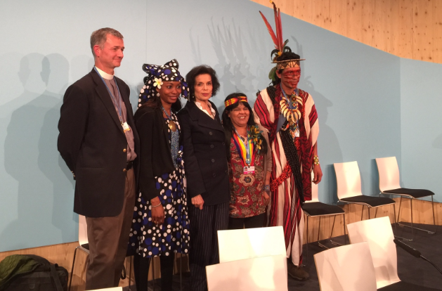 <p> Reverend Fletcher Harper, Executive Director of GreenFaith, Hindou Oumarou Ibrahim, Co-Chair, International Indigenous Peoples’ Forum, Bianca Jagger, President of the Bianca Jagger Human Rights Foundation, Sônia Guajajara, National Coordinator, Articulation of Indigenous Peoples of Brazil Benki Piyãko, Spiritual and political leader, Ashaninka community of the Amônia River,</p>