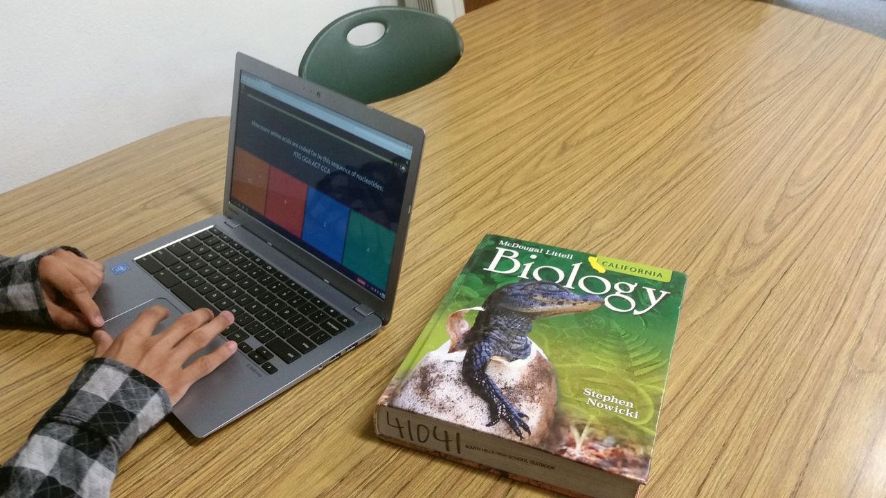 A special education student at South Hills High School takes an online quiz about RNA. The district’s reforms to special education have included making sure students use the same textbooks as their general education peers.