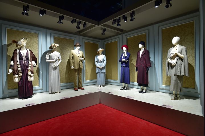 A selection of the 1920s-inspired costumes from Downton Abbey, featuring looks worn by Michelle Dockery (Lady Mary) and Laura Carmichael (Lady Edith).