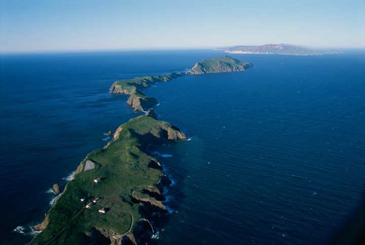 Channel Island National Park, California. An aerial view of East Anacapa Island in the Channel Islands. Santa Cruz Island is in the background.